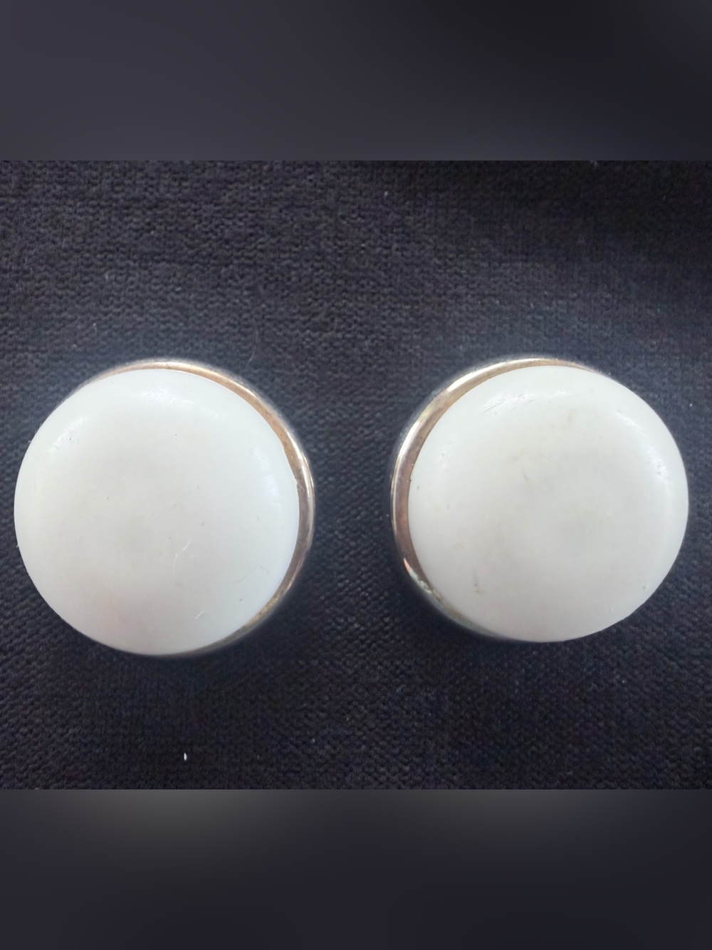 White Round Clip-On Earrings - Silver toned Trim